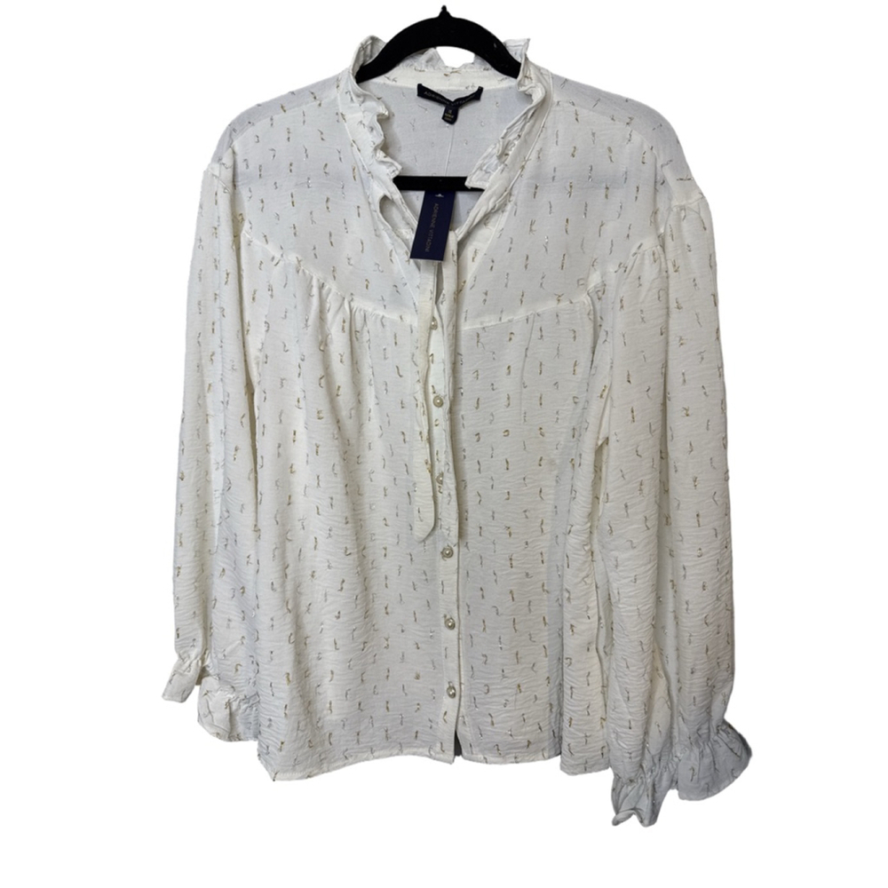 Adrienne Vittadini White Metallic Thread Blouse Ruffled High Neck Long Sleeve Si